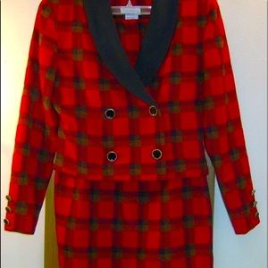 Vintage Red Black Gold Plaid Jacket Skirt Suit Set